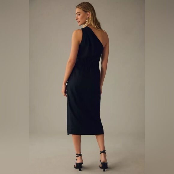 By Anthropologie Black One Shoulder Linen Wrap Dress NWT Sz 0 - Picture 2 of 8